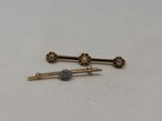 A gold split pearl and diamond bar brooch and a 9ct gold diamond set bar brooch (2)