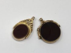 Two antique agate gold mounted fobs