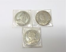 Three Victorian crowns 1890, 1895 and 1899,