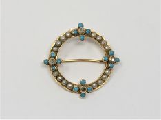An antique yellow metal (tests 15ct gold) pearl turquoise and diamond brooch, 5.85g.