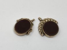 Two antique gold agate fobs (2)