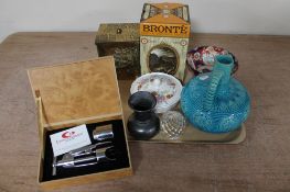 A 19th century turquoise twin handled urn together with bar top instrument,