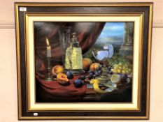 Gyula Boros (Born Hungary 1950) : Still Life with Objets D'Art and Mixed Fruits on a Window Ledge