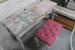 A painted wooden double child's desk with Union Jack decoration,