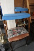 A 19th century style tapestry topped footstool and three further footstools.