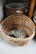 A wicker basket with a metal vice and a crock pot