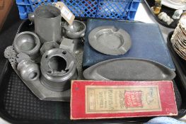 A tray of cased cutlery and antique pewter, tankard, napkin rings,