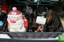 A large crate of mantel clock, cookie jar,