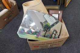A box of pictures and prints, frameless mirror,
