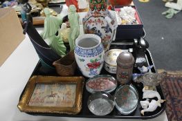 A tray of metal stamper, paperweights,