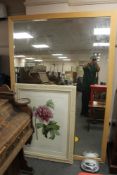 A large beech framed contemporary mirror 133 cm x 194 cm