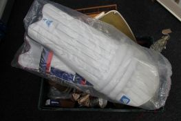 A crate of glass, china, plates, teddy bear, further crate of tea china,