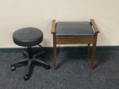 A wooden piano stool with sheet music and swivel stool