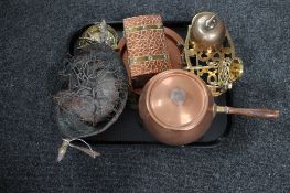 A tray of copper and brass, pot on stand,