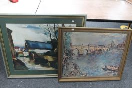 A colour print - houses together with a further print of a bridge