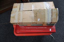 A box of Christmas decorations, crate of lps, napkins,