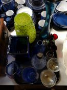 A tray of art glass green vase,