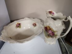 A gilt highlighted transfer printed jug and basin set