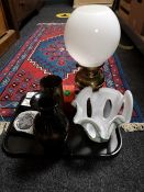 A tray of decorative glass vase, brass shell,