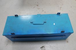A heavy gauge steel lidded strong box with locks