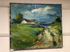 Continental school : oil on canvas depicting landscape with cottage by a lake