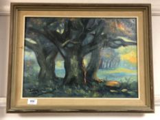 Continental school : oil on canvas depicting trees by sunset