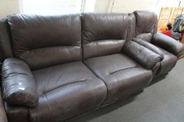 A brown leather two seater settee and armchair