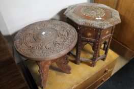 An antique eastern inlaid ivory folding table and further carved table