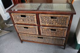 A glass topped wicker five drawer chest CONDITION REPORT: 95cm wide by 33cm deep by