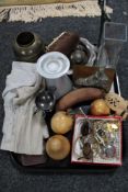 A tray of cutlery, wooden fruit, costume jewellery,