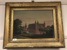 Continental school : oil on canvas depicting a palace by a river