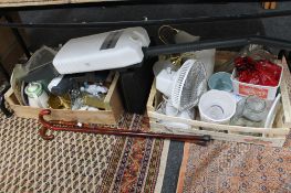 Two boxes of china, ornaments, multi system cleaner, fan, carriage clock,