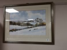 A contemporary colour print of a snow covered landscape
