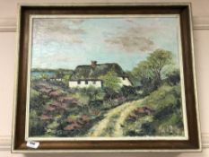 Continental school : oil on canvas depicting thatched cottage