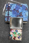A sewing box and contents together with a tin of threads etc