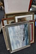 A quantity of pictures and prints, oil painting depicting boats,