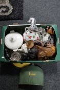 A box of Harrods tea cosy, wooden carvings,