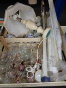 Two boxes of assorted glass ware, blue and white tea china,