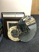 A circular chalk framed porthole mirror, a 1950's circular mirror, two framed prints,