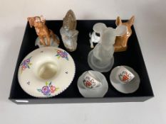 A box of collectables, two miniature Newcastle tea cups and saucers, glass mini mouse, Pool dish,