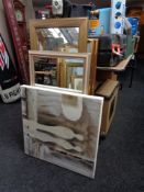 Two decorative mirrors together with two colour prints and a canvas picture