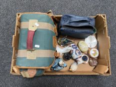 A box of Fujifilm digital camera, Nikon F70 camera in carry bag, glass paperweight,