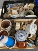 Two crates of assorted china, blue and white vases, Royal Doulton teapot, cottage ornaments,