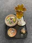 A tray of Italian glass vase, glass paperweights, Wedgwood vase, Spode dish,