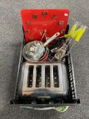 A tray of Brevel toaster, pans, kitchen utencils,