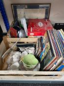 Two crates of assorted electricals, china,
