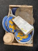 A box of china plates, pressed glass comport,