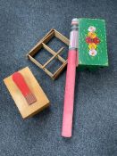 A crate of tracing cloth, painted cracket,