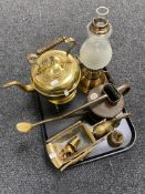 A tray of copper galvanised watering can, brass ware, kettle on trivet, horse and cart,