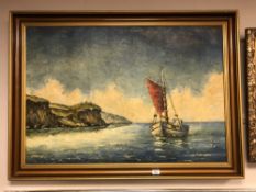 Continental school - oil on canvas depicting fishing boat in calm water
